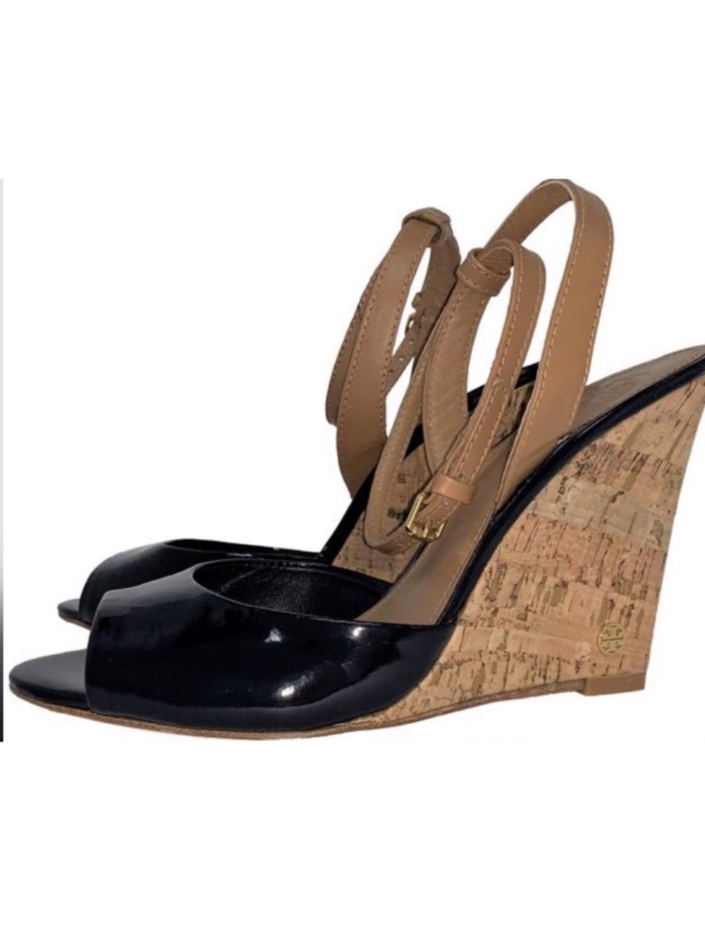 Tory Burch Ashton Wedges in Black Patent Leather with Ankle Strap, Size 7.5